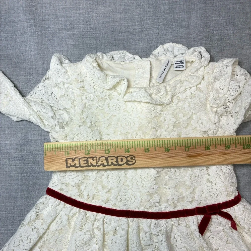 Janie and Jack Baby Girls Ivory Lace Long Sleeved Dress Red Bow 18-24 Months